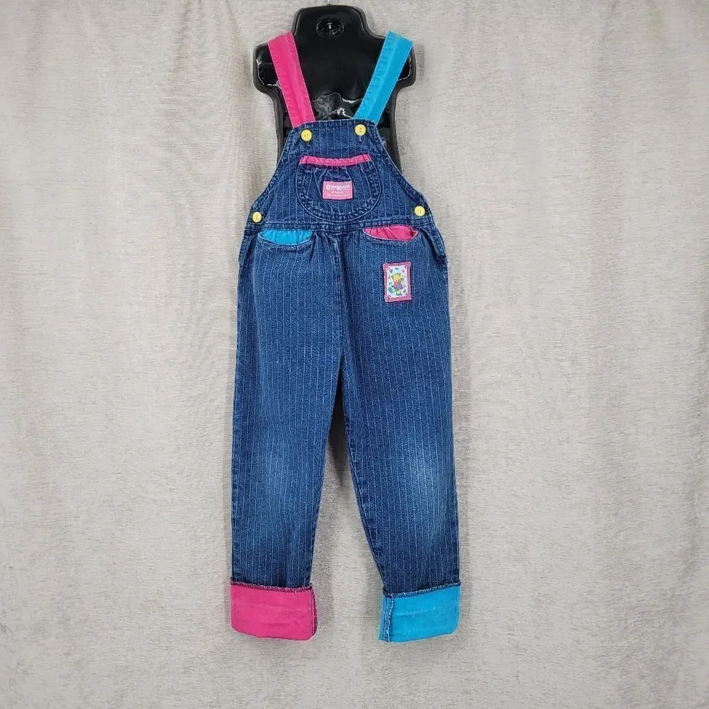 Oshkosh Vintage Overalls Pin Stripe Pink Blue Yellow Character Bear Patch